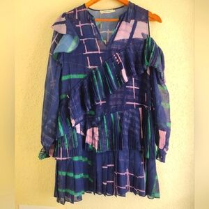 Three Floor Dresses Tiered Pleated Cold Shoulder Mini Dress